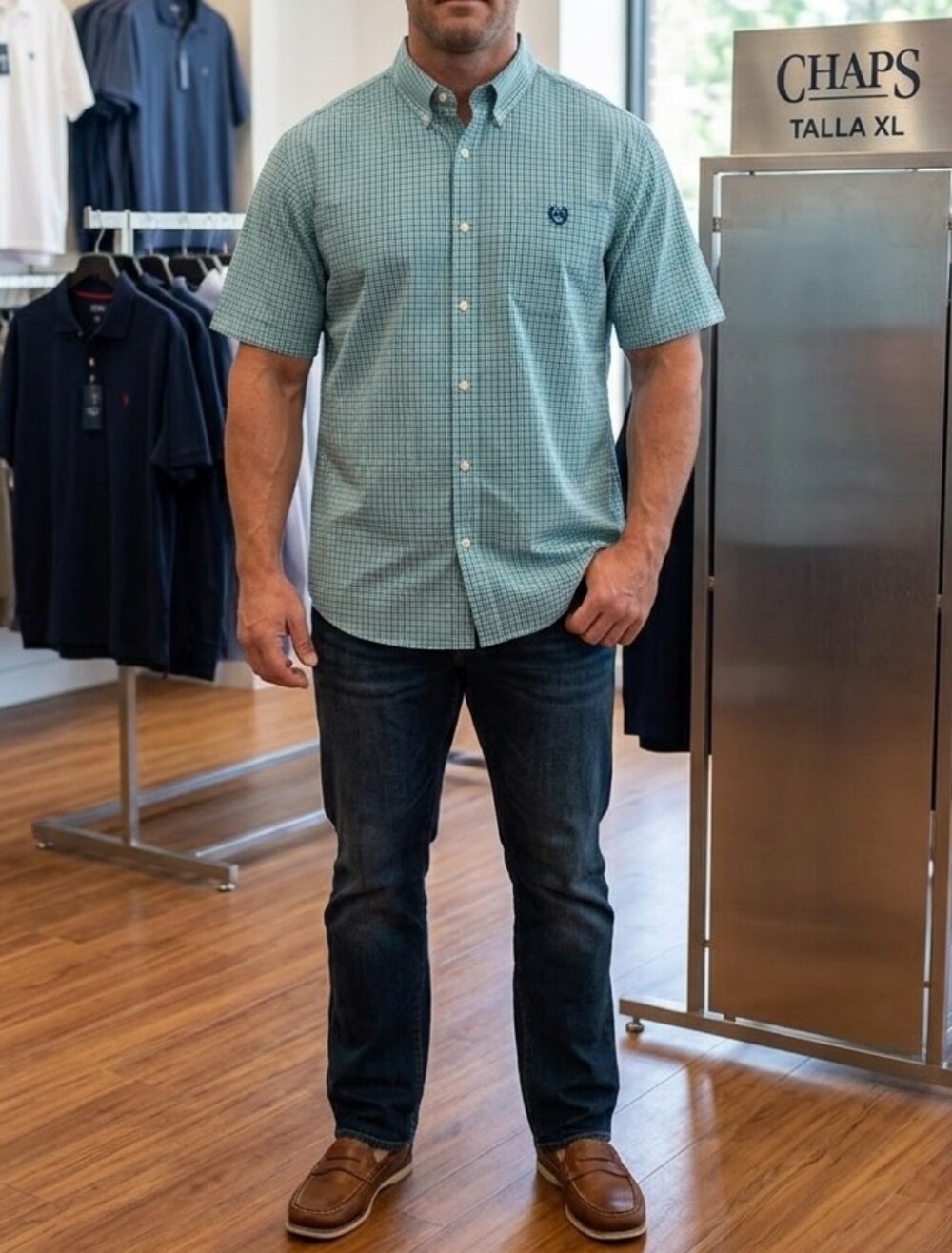 Chaps Men's Short-Sleeve Button-Down Shirt in Light Teal Check